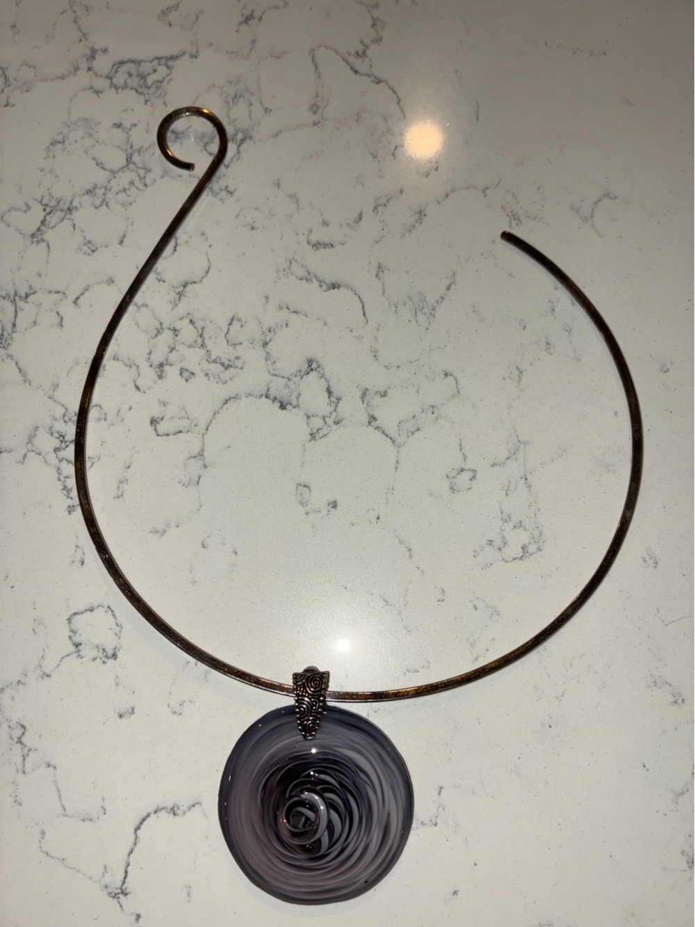 Smoky Gray Swirl Glass Pendant Necklace with Copper-Tone Collar